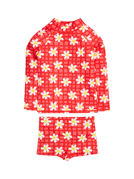 Frugi Kids' Rachel Floral Check Rash Vest & Swim Shorts Set, Red/Multi, Red/Multi