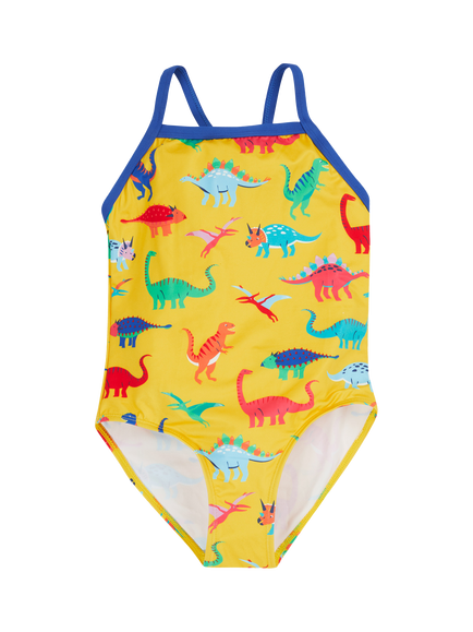 Frugi Kids' Ruby Dinosaur Print Swimsuit, Yellow/Multi, Yellow/Multi
