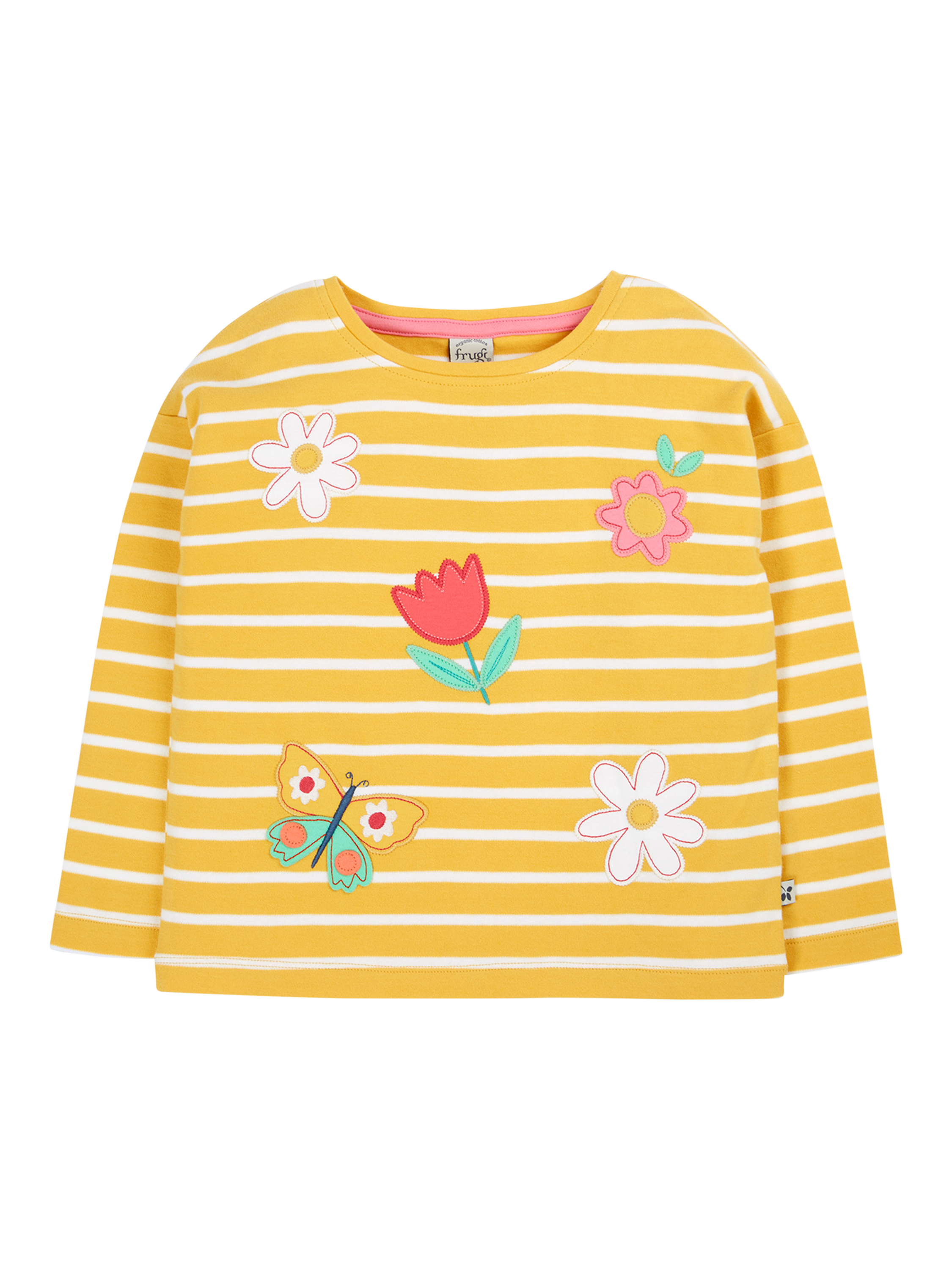Product image 1 of 5, which shows Frugi Kids' Tori Organic Cotton Applique Stripe Long Sleeve Top, Yellow, 2-3 years
