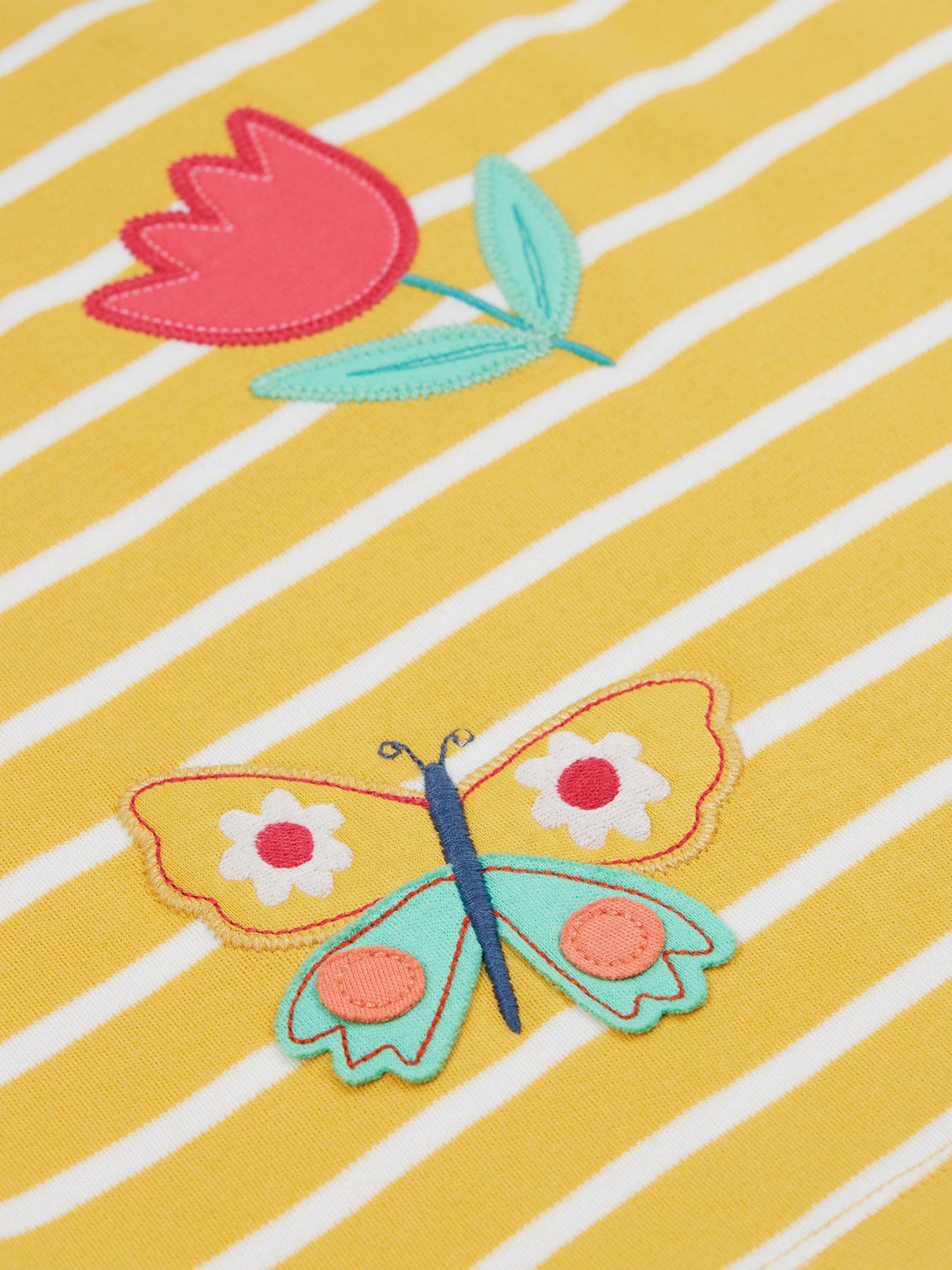 Product image 5 of 5, which shows Frugi Kids' Tori Organic Cotton Applique Stripe Long Sleeve Top, Yellow, 2-3 years