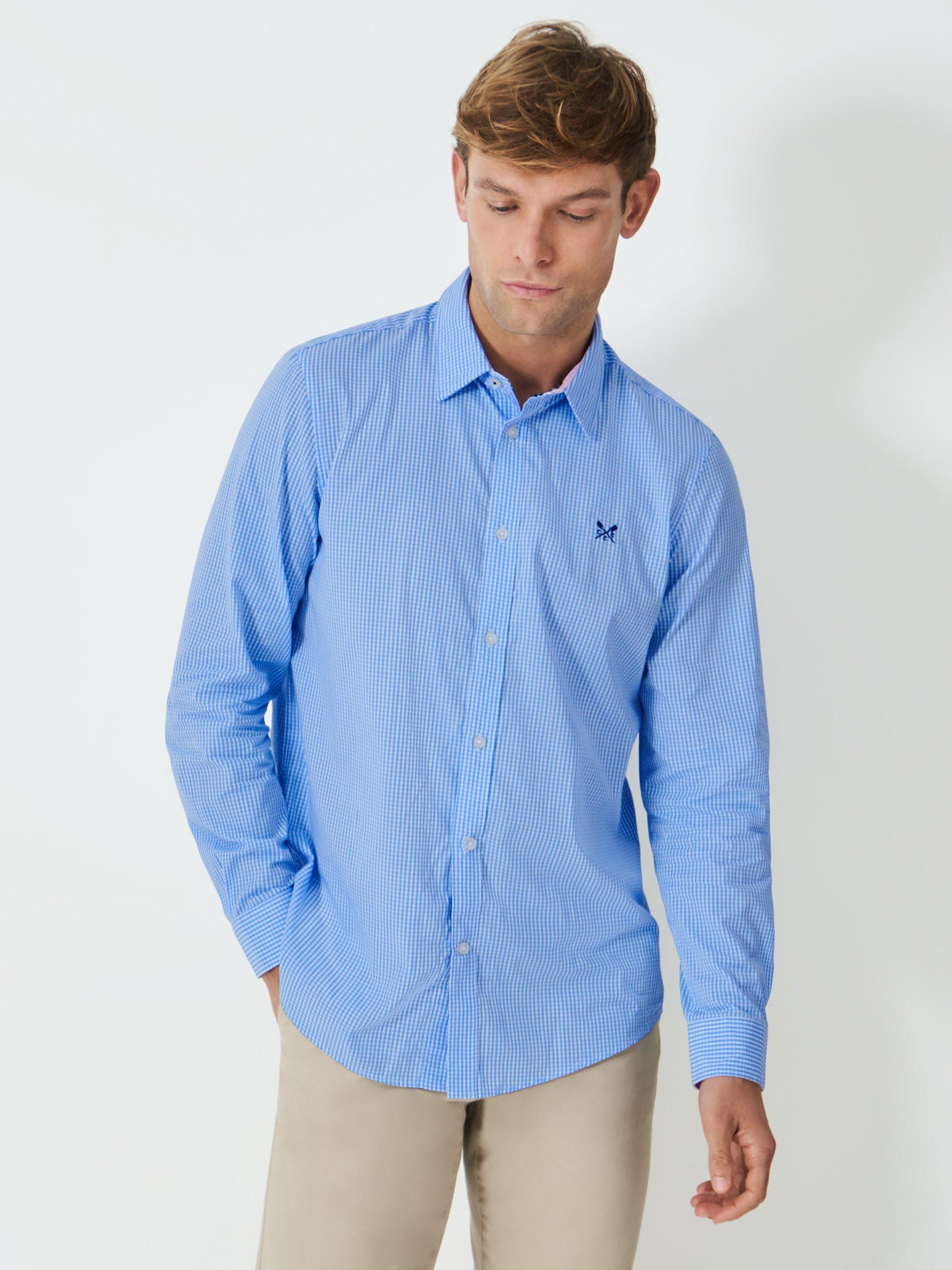 Product image 1 of 5, which shows Crew Clothing Cotton Regular Fit Gingham Shirt, Sky Blue/White, XS