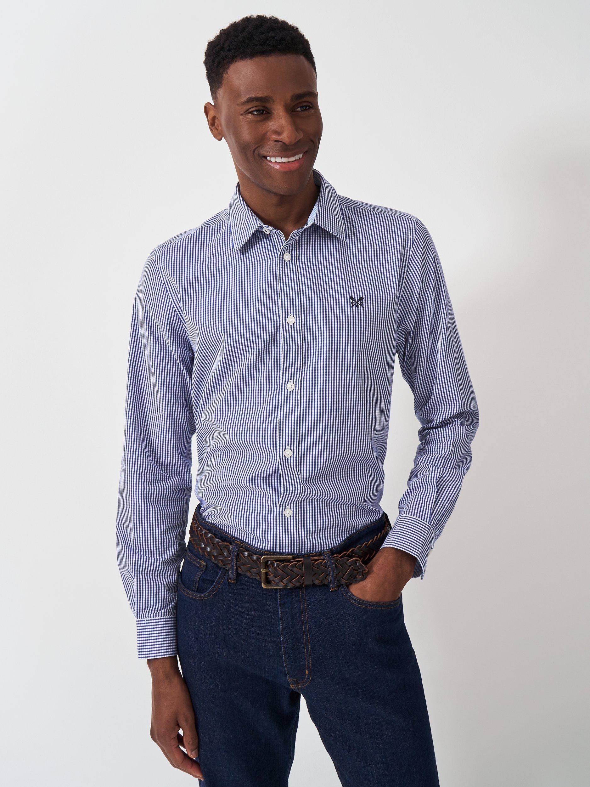 Product image 1 of 5, which shows Crew Clothing Cotton Regular Fit Gingham Shirt, Mid Blue/White, XS