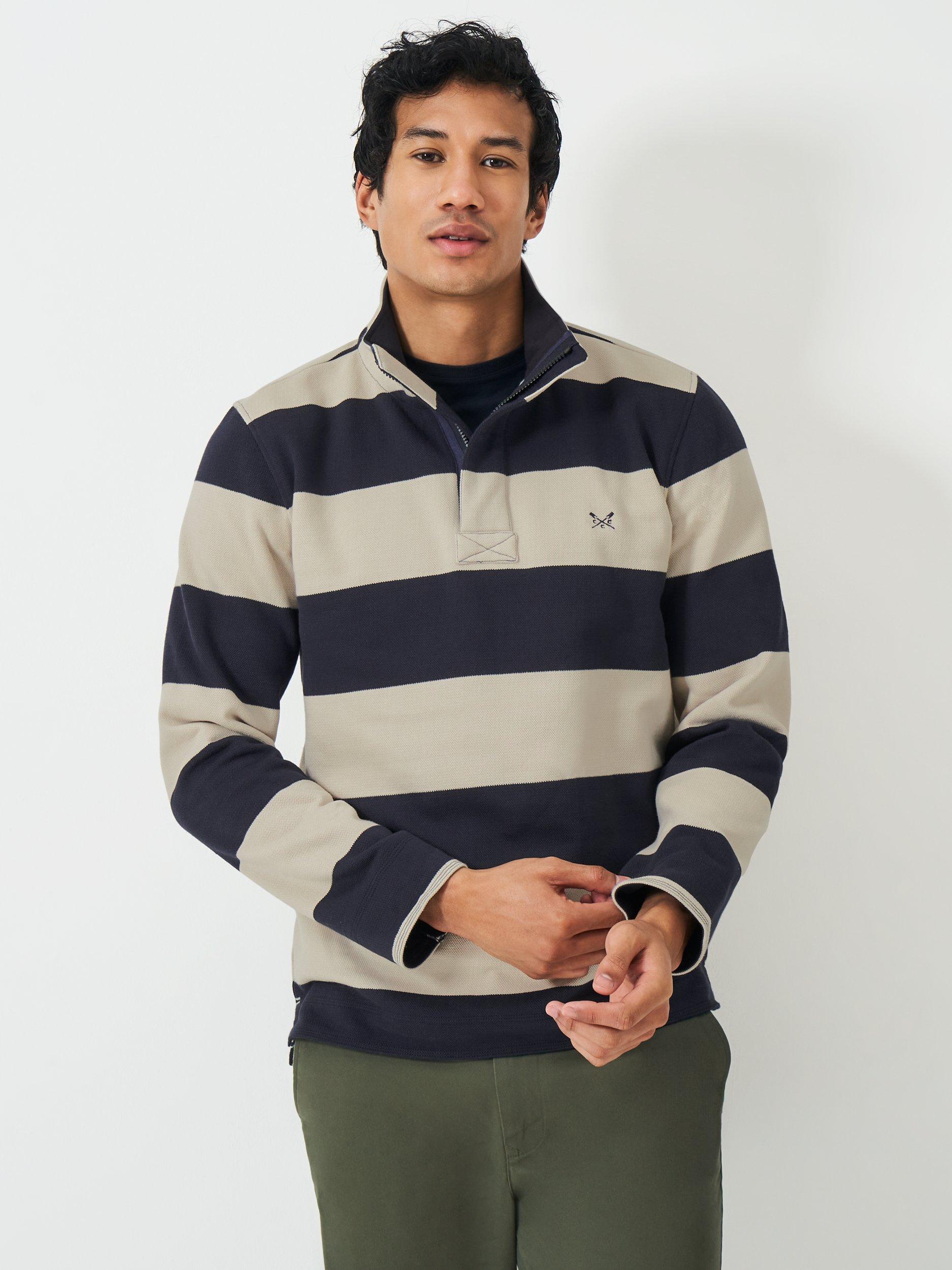 Product image 1 of 5, which shows Crew Clothing Padstow Striped Quarter-Zip Sweatshirt, Beige, L