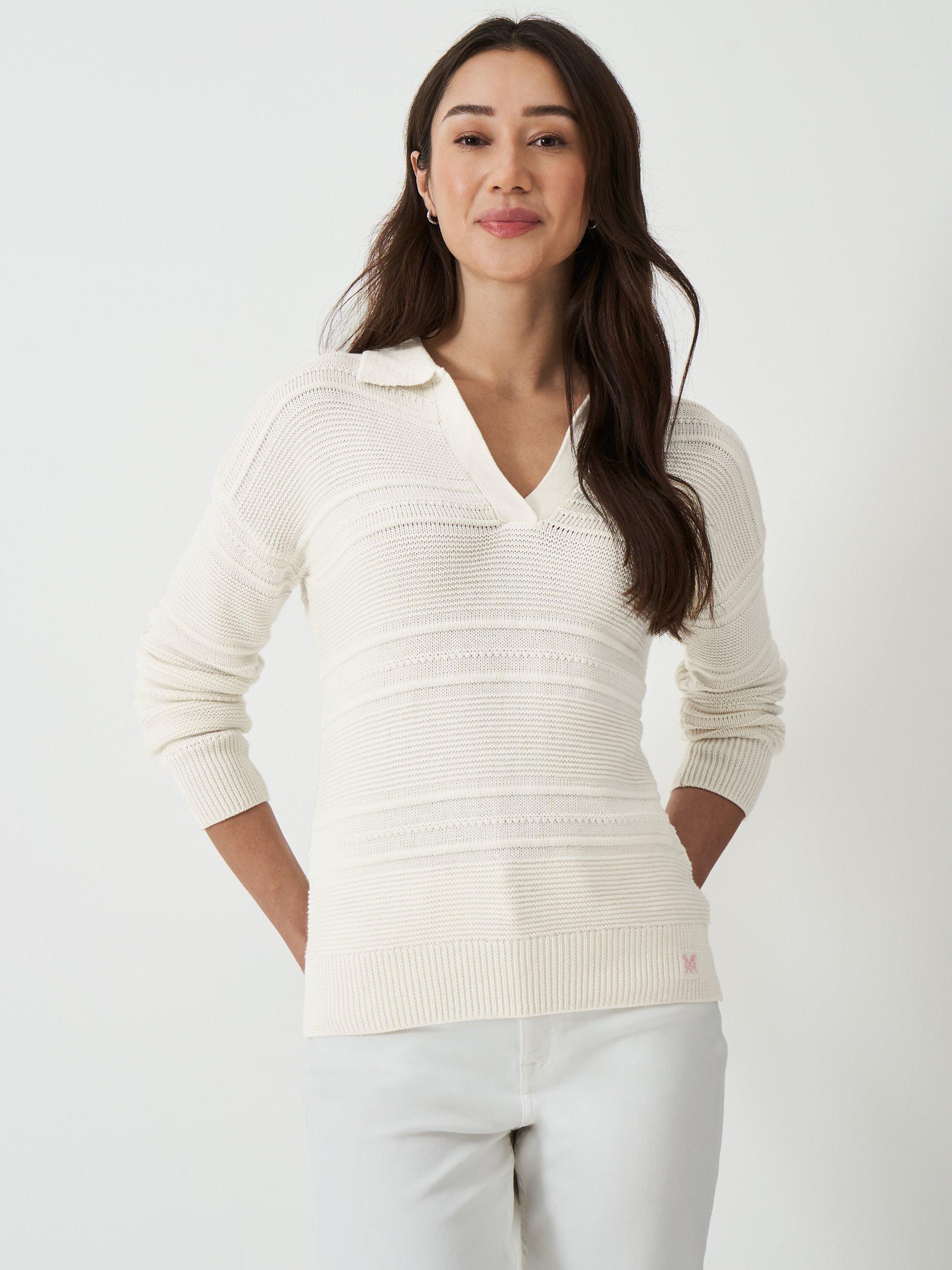 Product image 2 of 5, which shows Crew Clothing Tali Textured Stripe Collared Jumper, White, 8