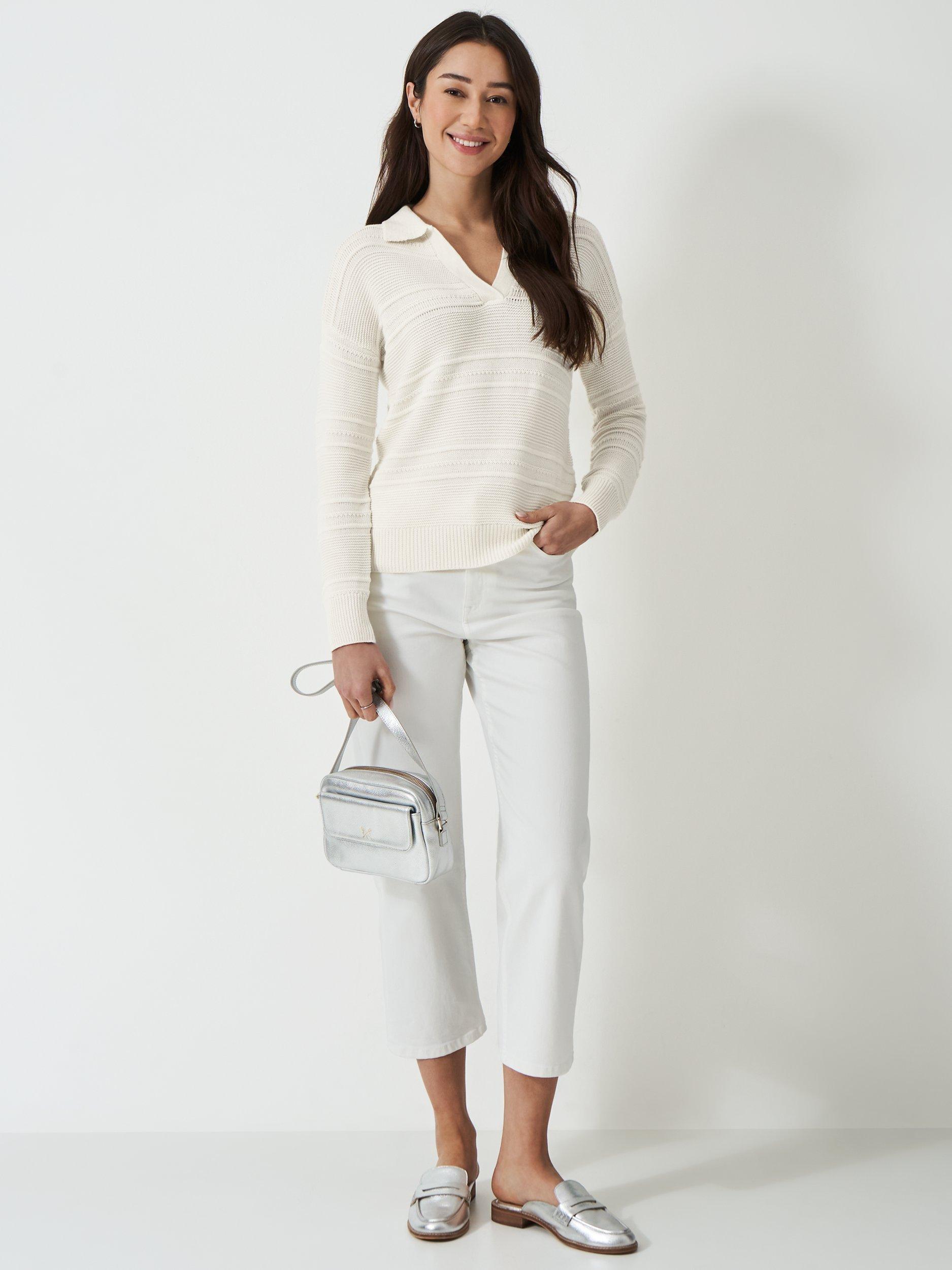 Product image 3 of 5, which shows Crew Clothing Tali Textured Stripe Collared Jumper, White, 8