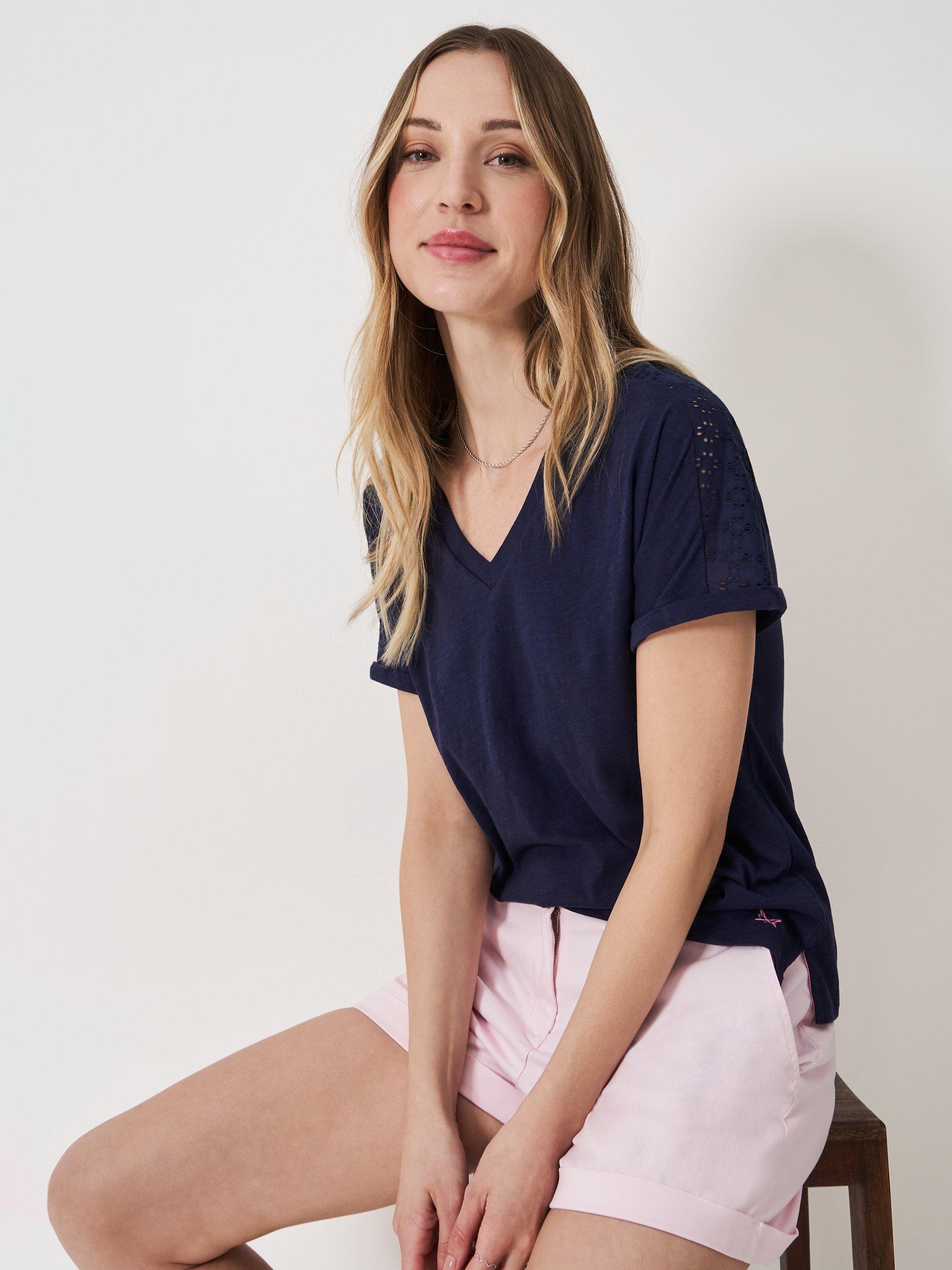 Product image 1 of 5, which shows Crew Clothing Sleeve Detail V-Neck T-Shirt, Navy Blue, 10