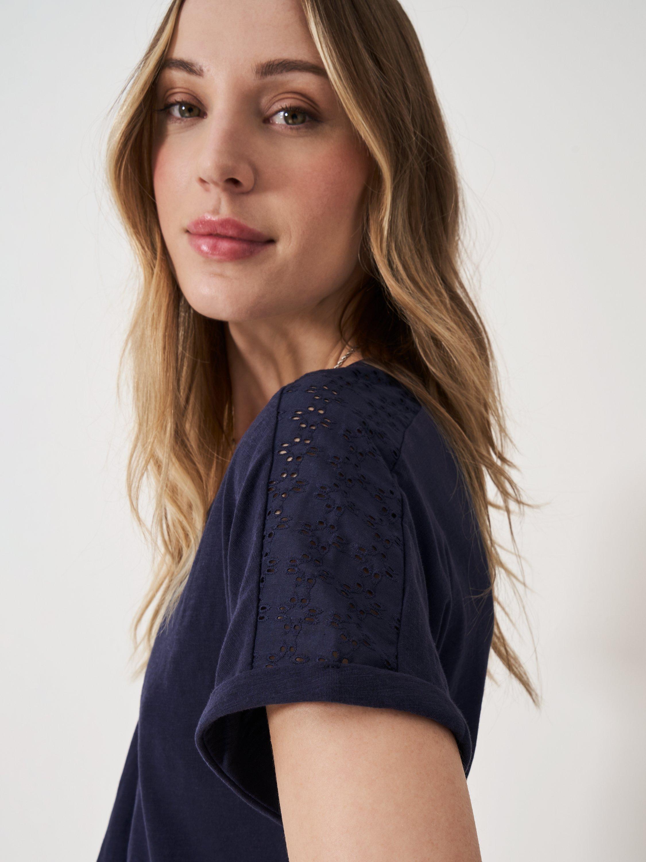 Product image 4 of 5, which shows Crew Clothing Sleeve Detail V-Neck T-Shirt, Navy Blue, 10