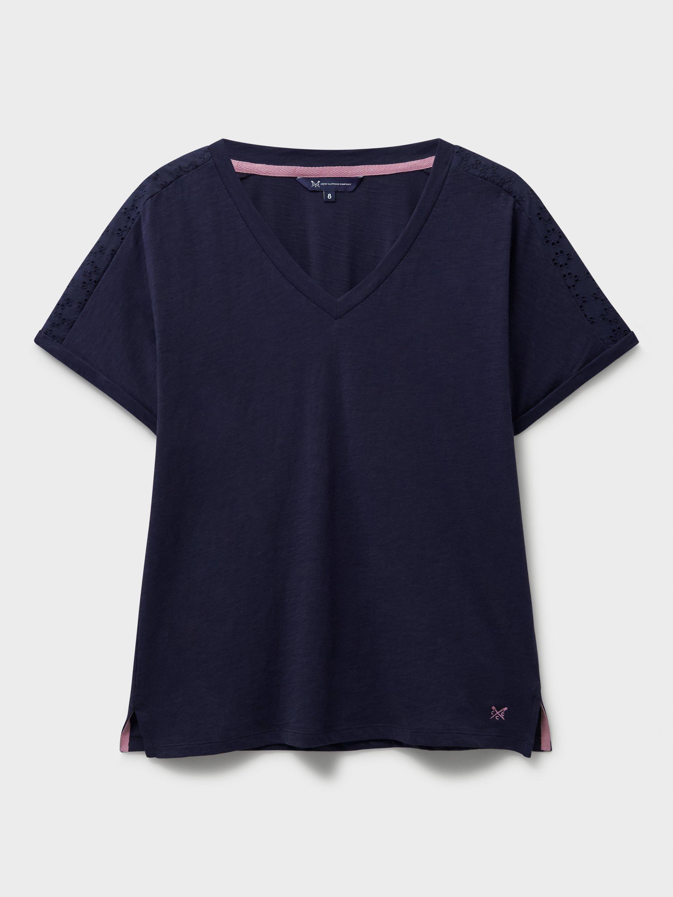 Product image 5 of 5, which shows Crew Clothing Sleeve Detail V-Neck T-Shirt, Navy Blue, 10