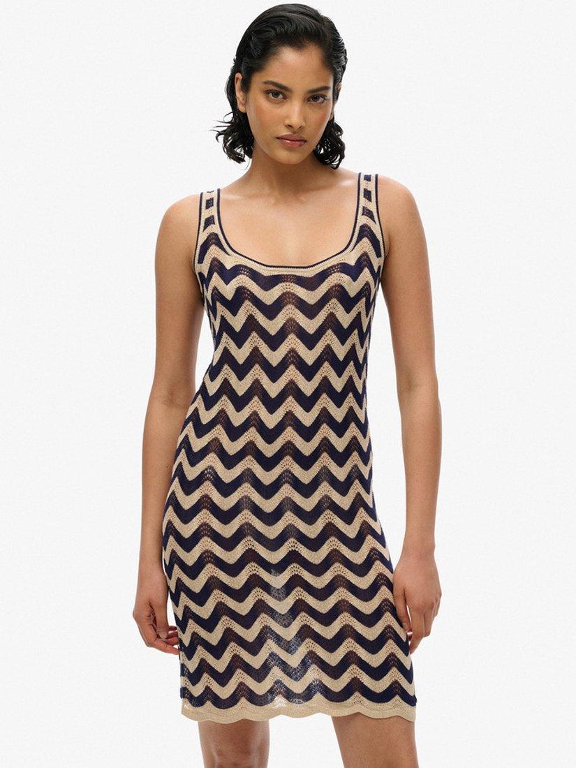 Superdry Zig Zag Knit Mini Dress, Navy/Gold