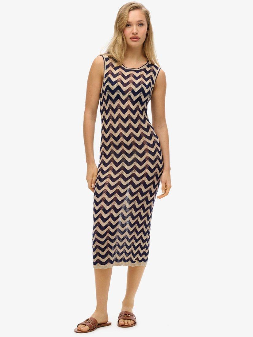 Superdry Zig Zag Knit Midi Dress, Navy/Gold