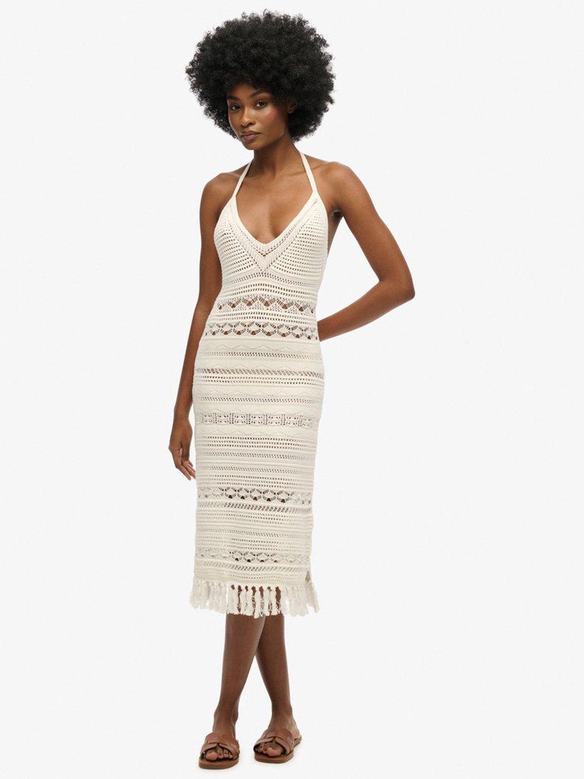 Superdry Crochet Pure Organic Cotton Midi Dress, Desert Bone White