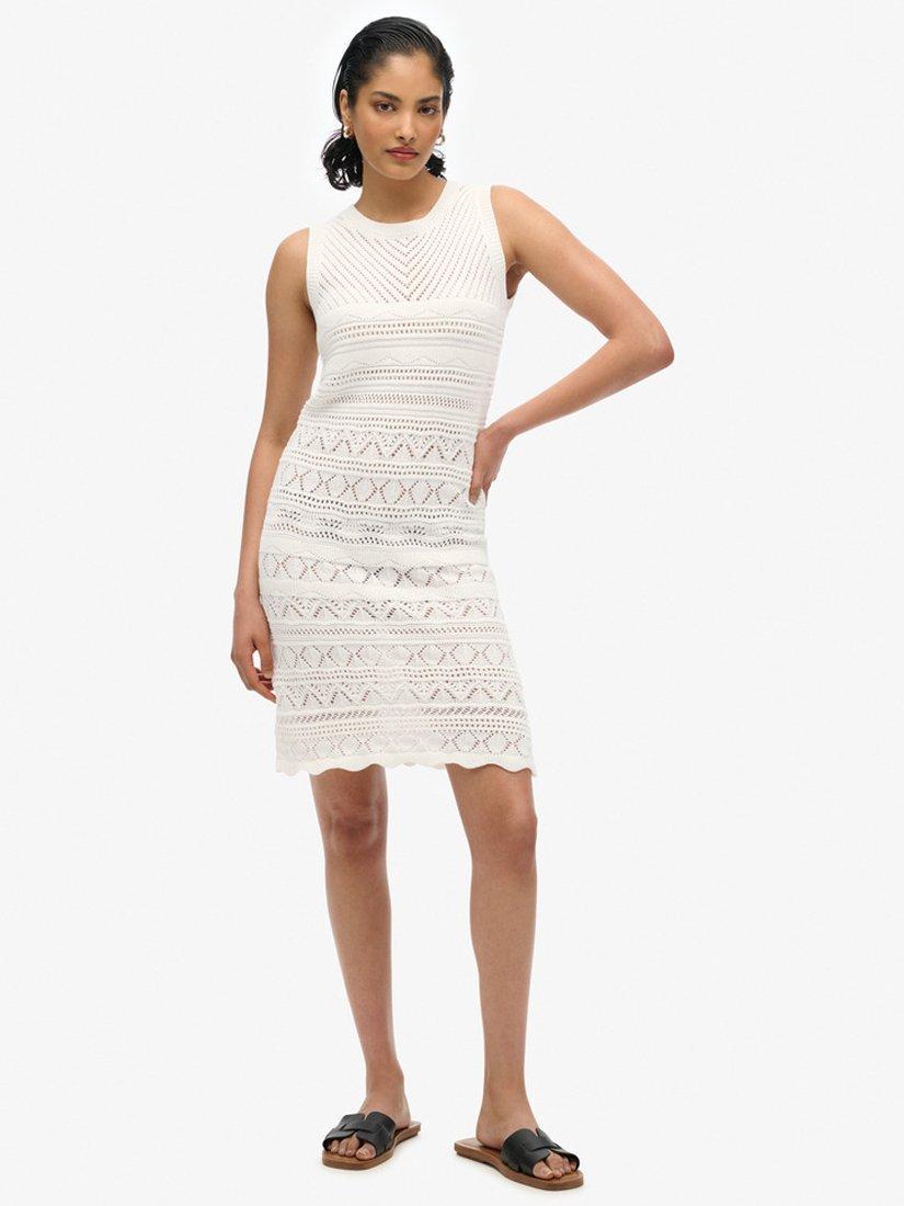 Superdry Crochet Pure Organic Cotton Mini Dress, Desert Bone White