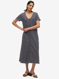 Superdry Short Sleeve Button Through Striped Jersey Midi Dress, Navy, Navy