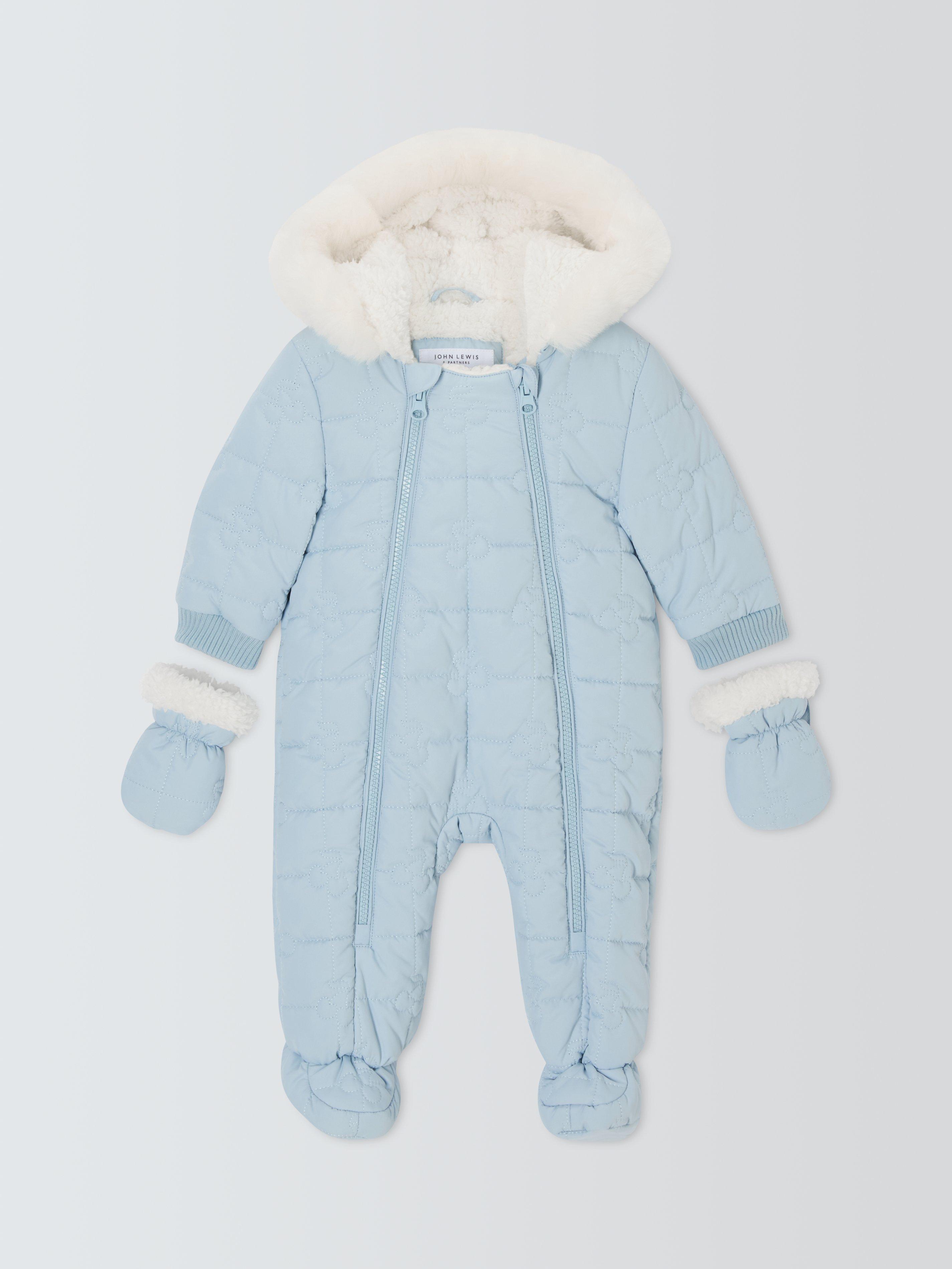 Product image 1 of 3, which shows John Lewis Baby Cherry Quilted Snowsuit, Blue, Newborn