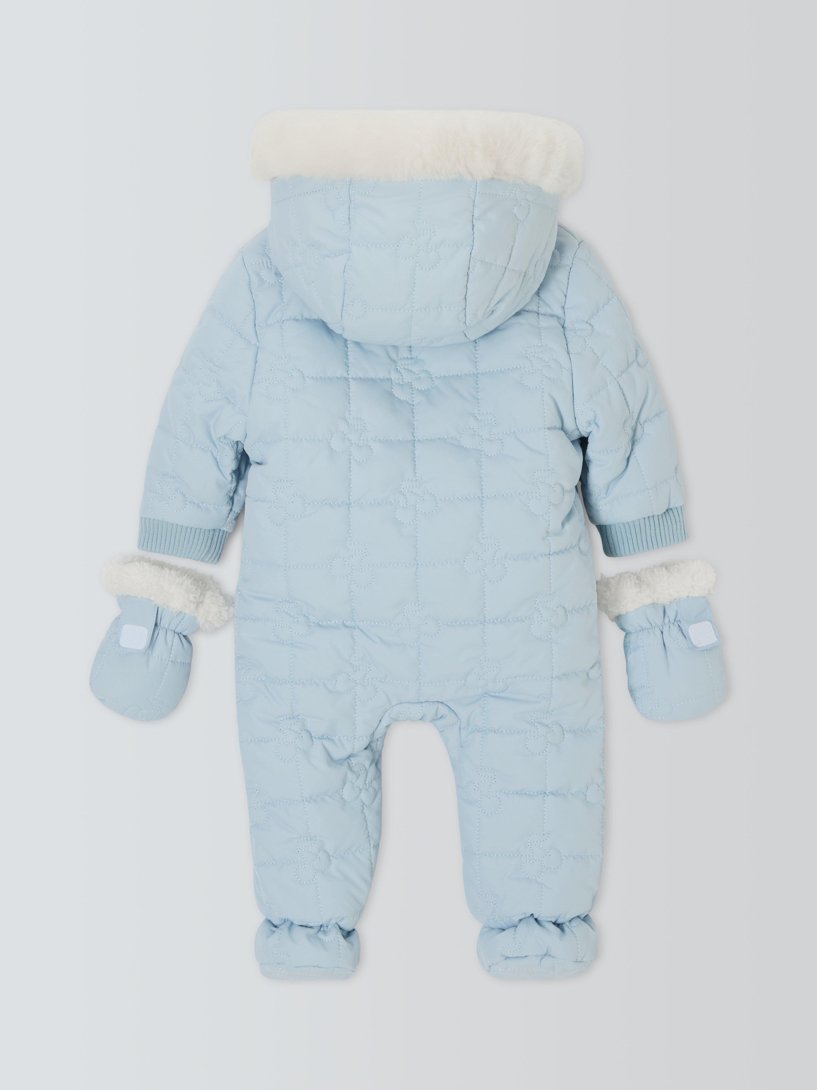 Product image 2 of 3, which shows John Lewis Baby Cherry Quilted Snowsuit, Blue, Newborn