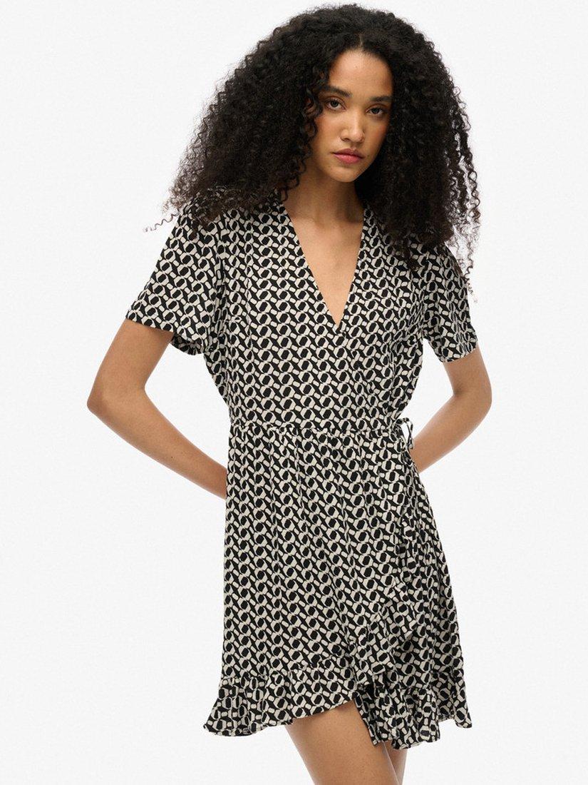 Product image 1 of 5, which shows Superdry Short Sleeve Printed Mini Wrap Dress, Black/White, 8
