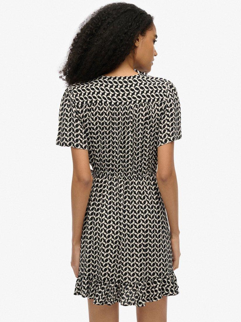 Product image 2 of 5, which shows Superdry Short Sleeve Printed Mini Wrap Dress, Black/White, 8