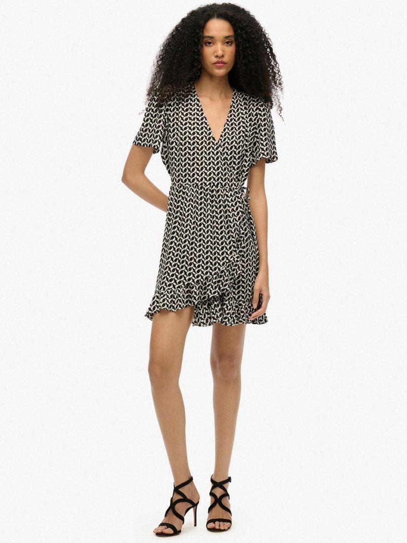 Product image 3 of 5, which shows Superdry Short Sleeve Printed Mini Wrap Dress, Black/White, 8
