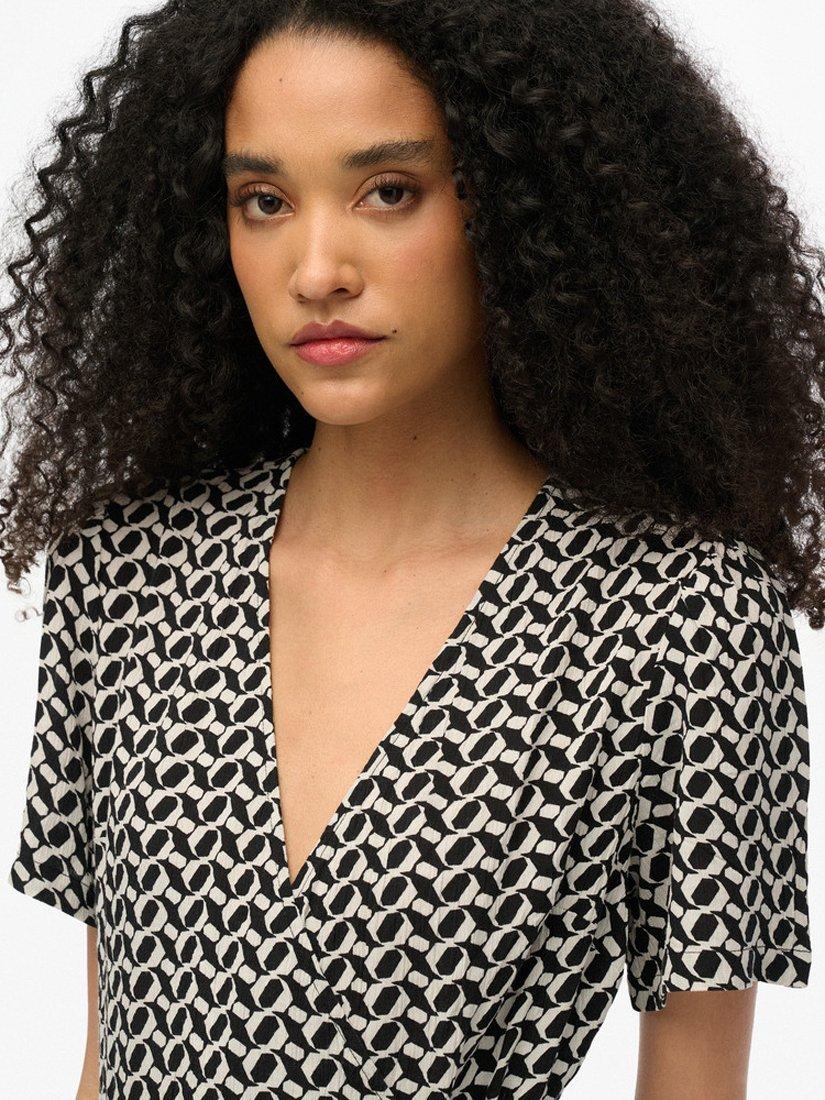 Product image 5 of 5, which shows Superdry Short Sleeve Printed Mini Wrap Dress, Black/White, 8