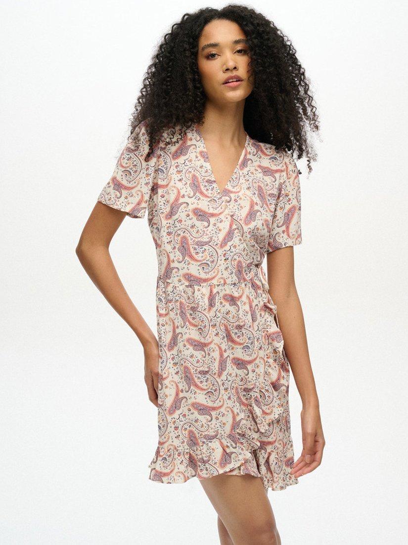 Product image 1 of 5, which shows Superdry Short Sleeve Printed Mini Wrap Dress, Cream, 8