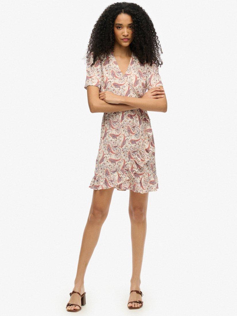 Product image 3 of 5, which shows Superdry Short Sleeve Printed Mini Wrap Dress, Cream, 8