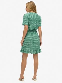 Superdry Short Sleeve Printed Wrap Mini Dress, Floral Block Green - view 2, Floral Block Green