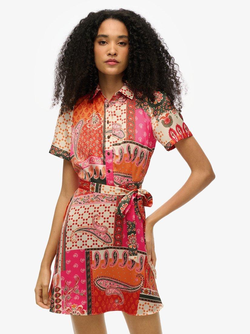 Superdry Patchwork Shirt Mini Dress, Pink