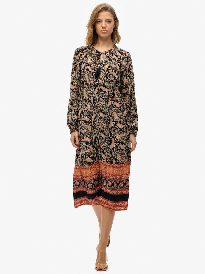Product image 1 of 5, which shows Superdry Printed Long Sleeve Midi Dress, Boho Paisley Black, 8