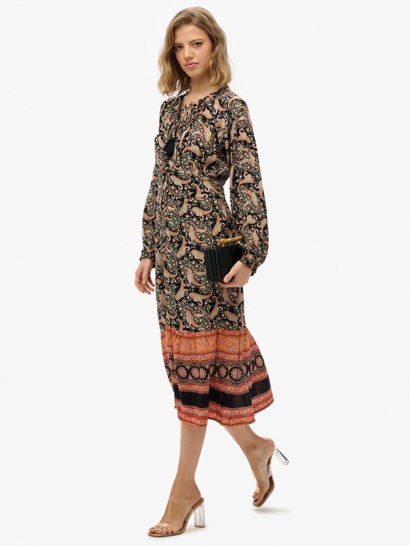 Product image 3 of 5, which shows Superdry Printed Long Sleeve Midi Dress, Boho Paisley Black, 8
