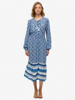 Superdry Printed Long Sleeve Midi Dress, Tala Tile Blue, Tala Tile Blue