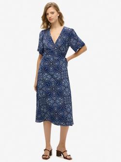 Superdry Printed Wrap Midi Dress, Navy, Navy