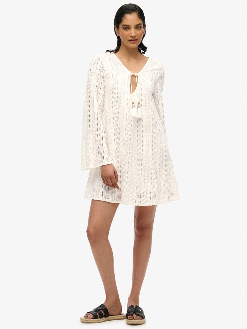 Product image 1 of 6, which shows Superdry Ibiza Pure Organic Cotton Lace Mini Dress, Off White, 8