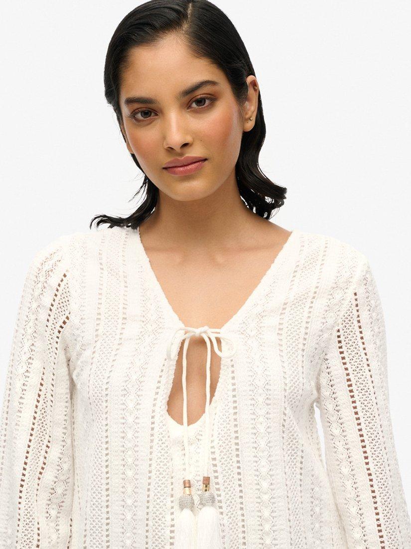 Product image 5 of 6, which shows Superdry Ibiza Pure Organic Cotton Lace Mini Dress, Off White, 8
