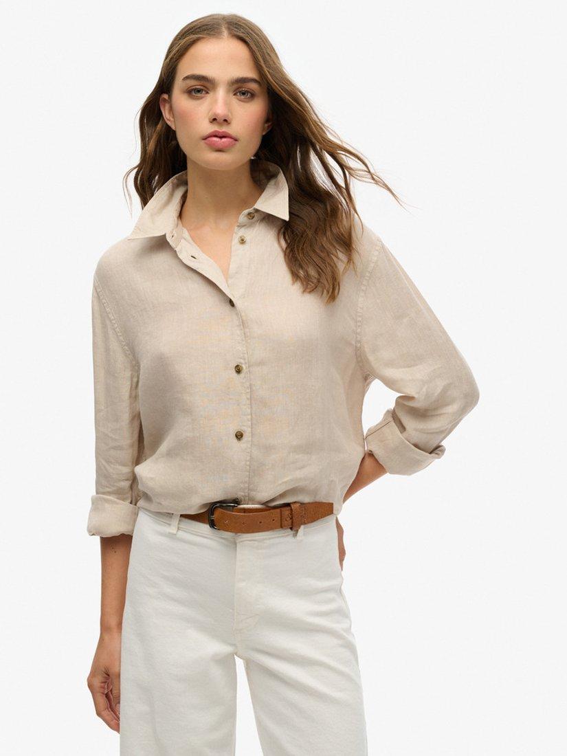 Superdry Casual Linen Rich Boyfriend Shirt, Pumice Stone Beige