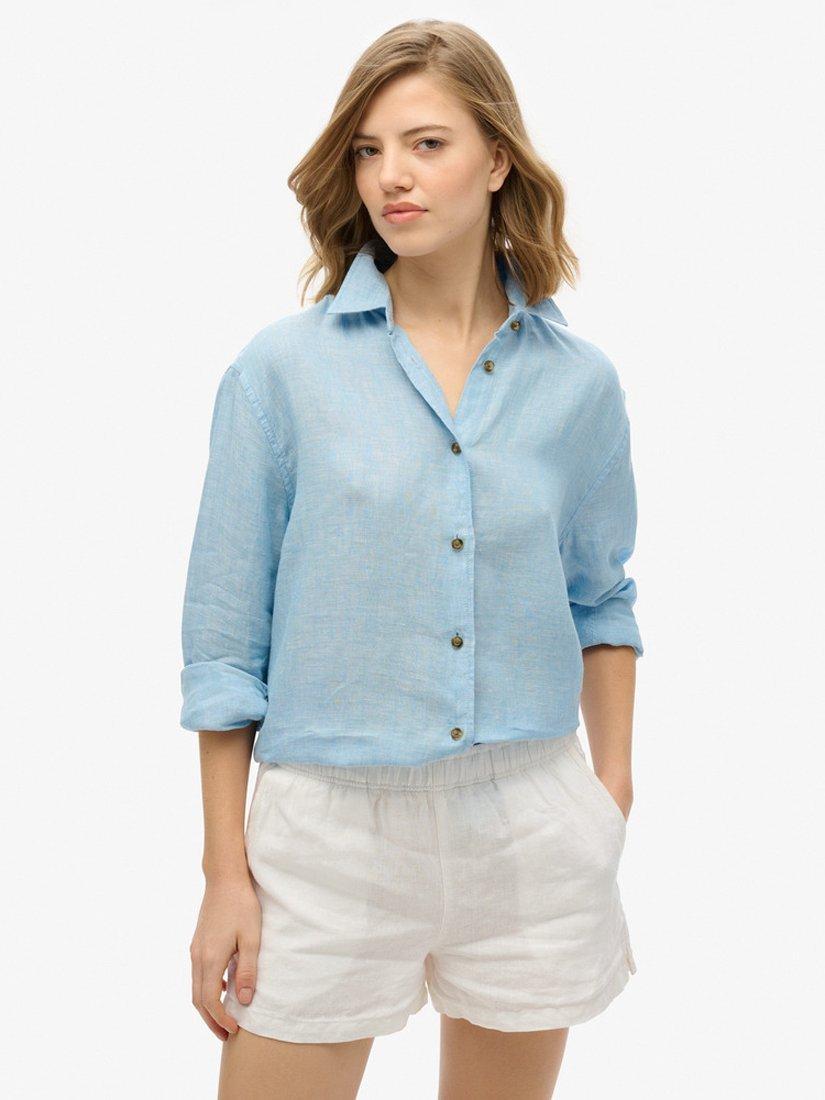 Superdry Casual Linen Rich Boyfriend Shirt, Sea Blue Chambray