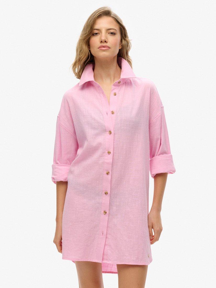 Superdry Ibiza Longline Beach Shirt, Lilac Blush Pink