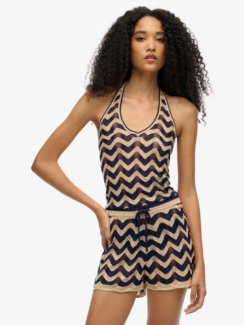 Product image 1 of 5, which shows Superdry Zigzag Knit Shorts, Navy/Gold, 8