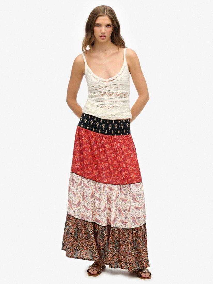 Product image 1 of 6, which shows Superdry Floral Paisley Print Tiered Maxi Skirt, Multi, 8