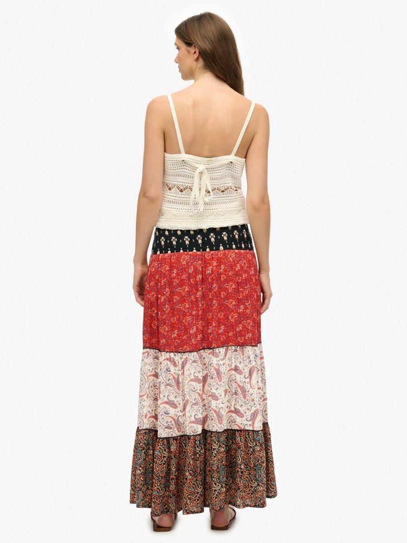 Product image 2 of 6, which shows Superdry Floral Paisley Print Tiered Maxi Skirt, Multi, 8