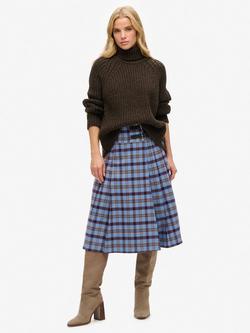 Superdry Check Pleated Midi Skirt, Blue