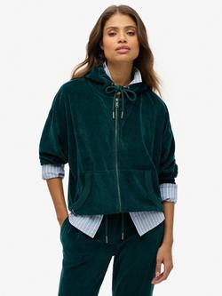 Superdry Velour Zip Hoodie, Dark Pine Green