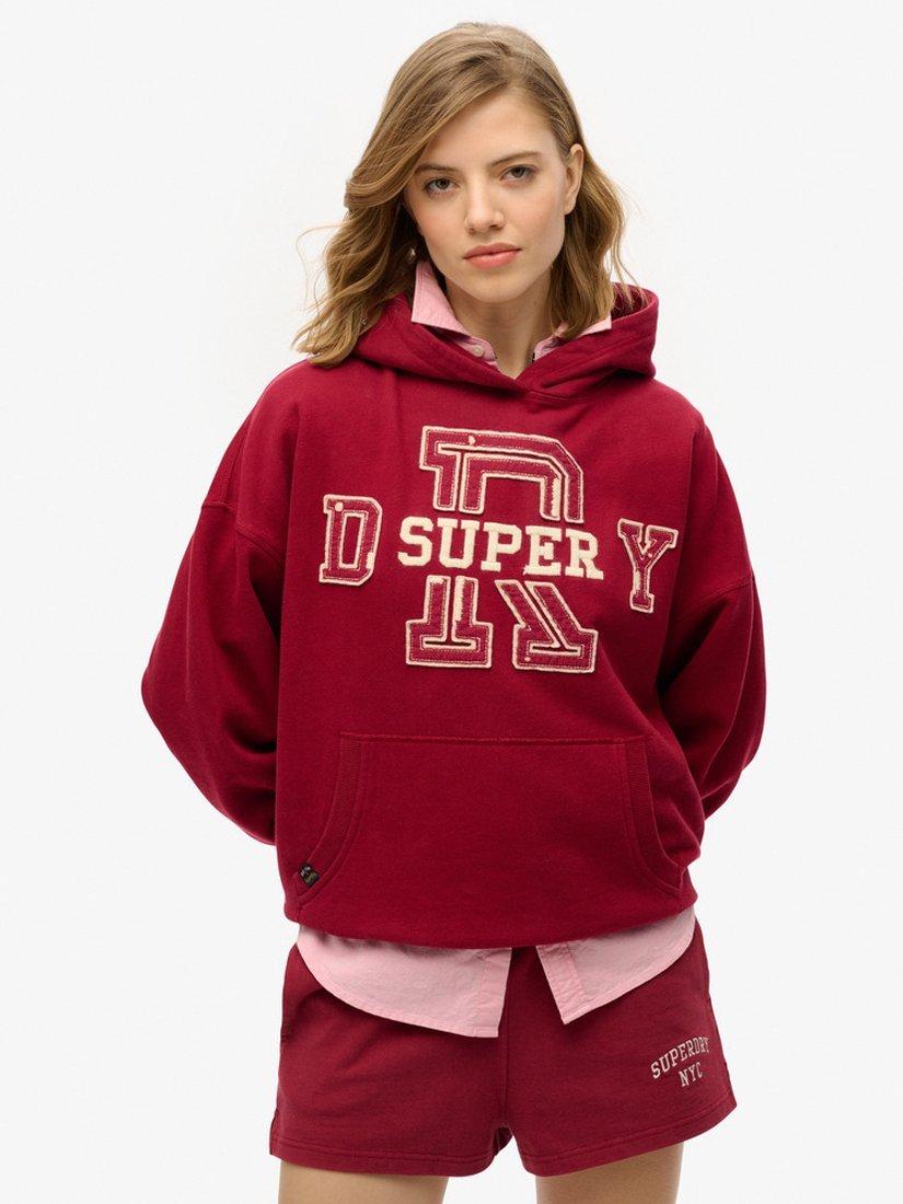 Product image 1 of 4, which shows Superdry Athletic Essentials Applique Relaxed Hoodie, Bordeaux Red, 8
