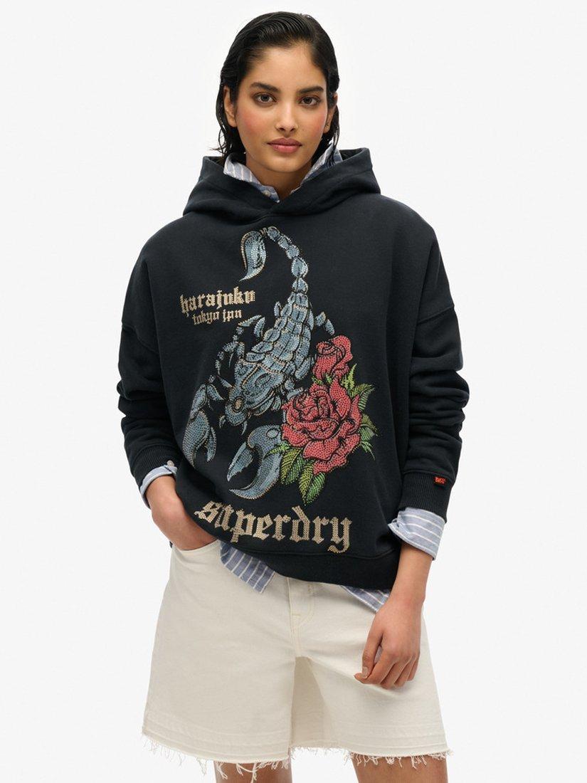 Product image 1 of 5, which shows Superdry Neo Trad Tattoo Relaxed Hoodie, Jet Black, 8