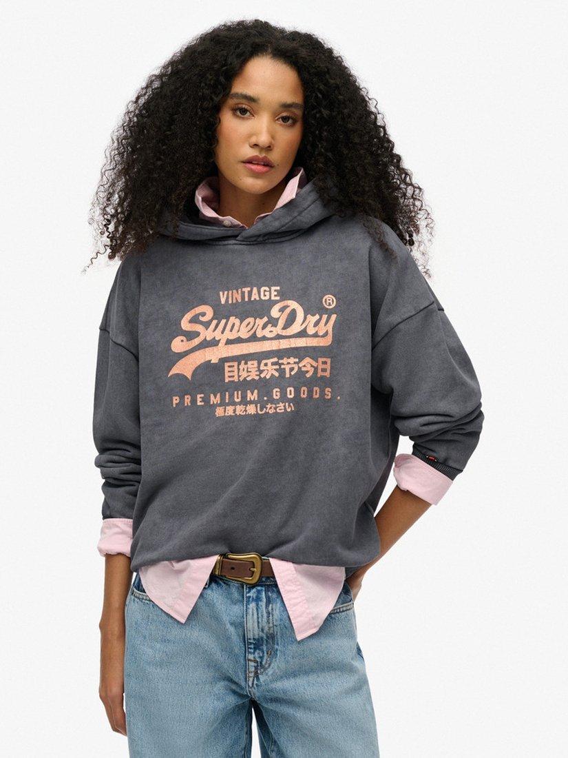 Product image 1 of 4, which shows Superdry Vintage Logo Metallic Relaxed Hoodie, Backstage Black, 8