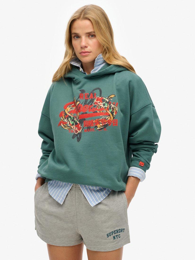 Product image 1 of 5, which shows Superdry Tokyo Vintage Logo Relaxed Hoodie, Mallard Green, 8