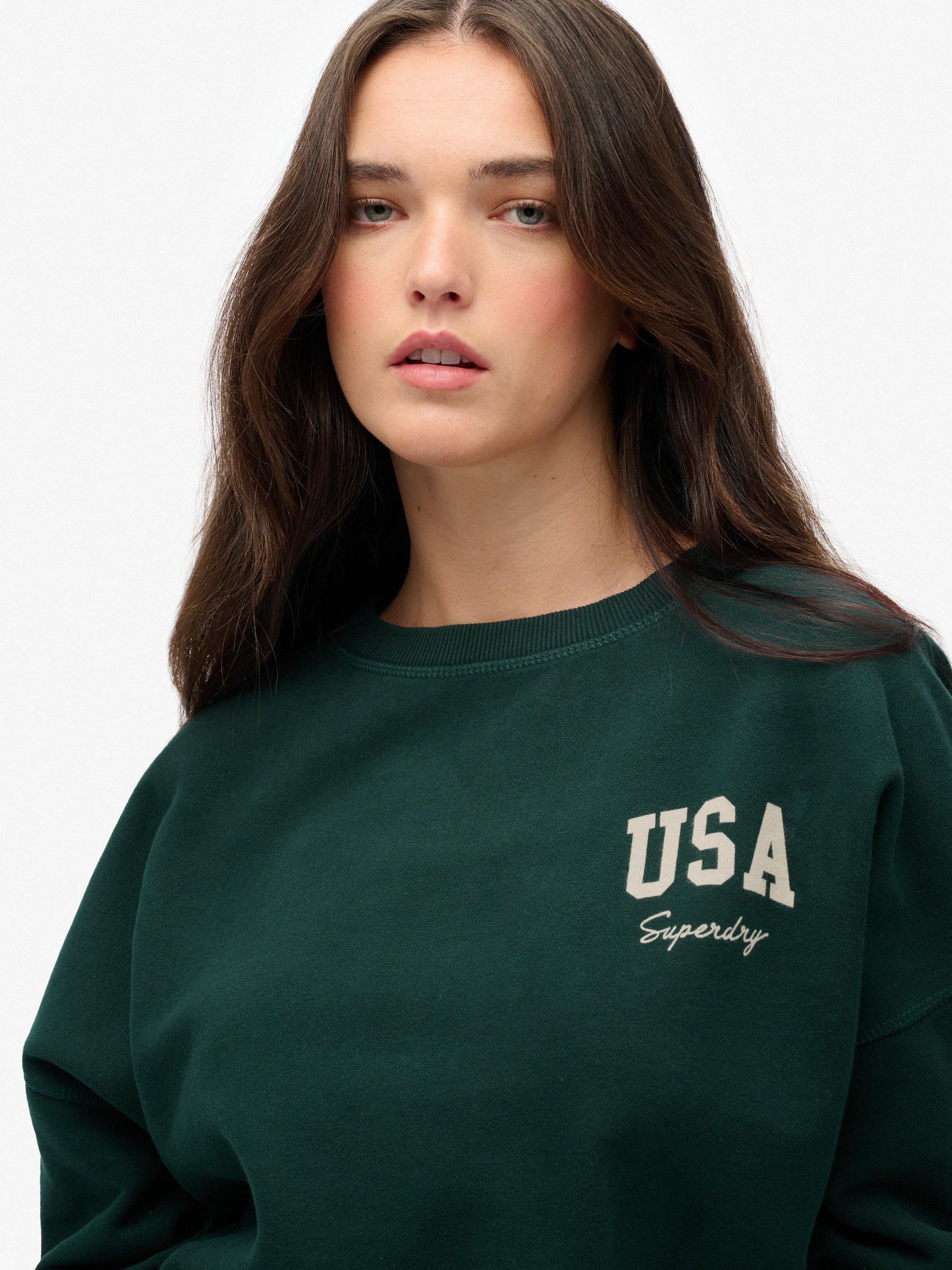 Product image 4 of 6, which shows Superdry Athletic Essentials Relaxed Crew Sweatshirt, Dark Pine Green, 8