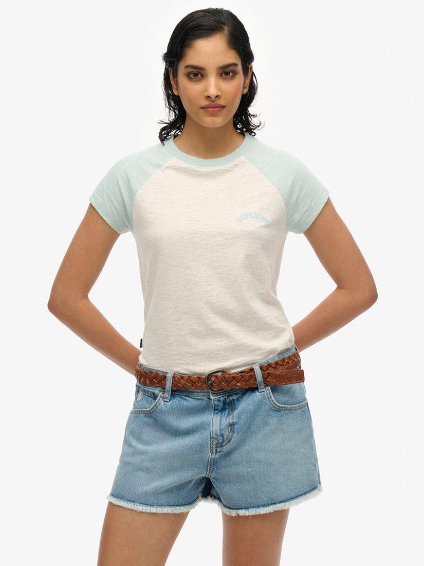Product image 1 of 5, which shows Superdry Essential Logo Pure Organic Cotton Raglan Sleeve T-Shirt, White Marl/Sky Blue, 8