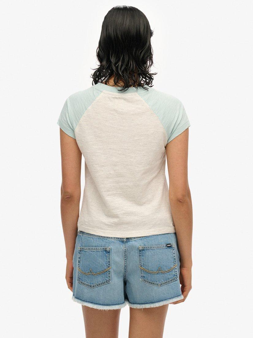 Product image 2 of 5, which shows Superdry Essential Logo Pure Organic Cotton Raglan Sleeve T-Shirt, White Marl/Sky Blue, 8