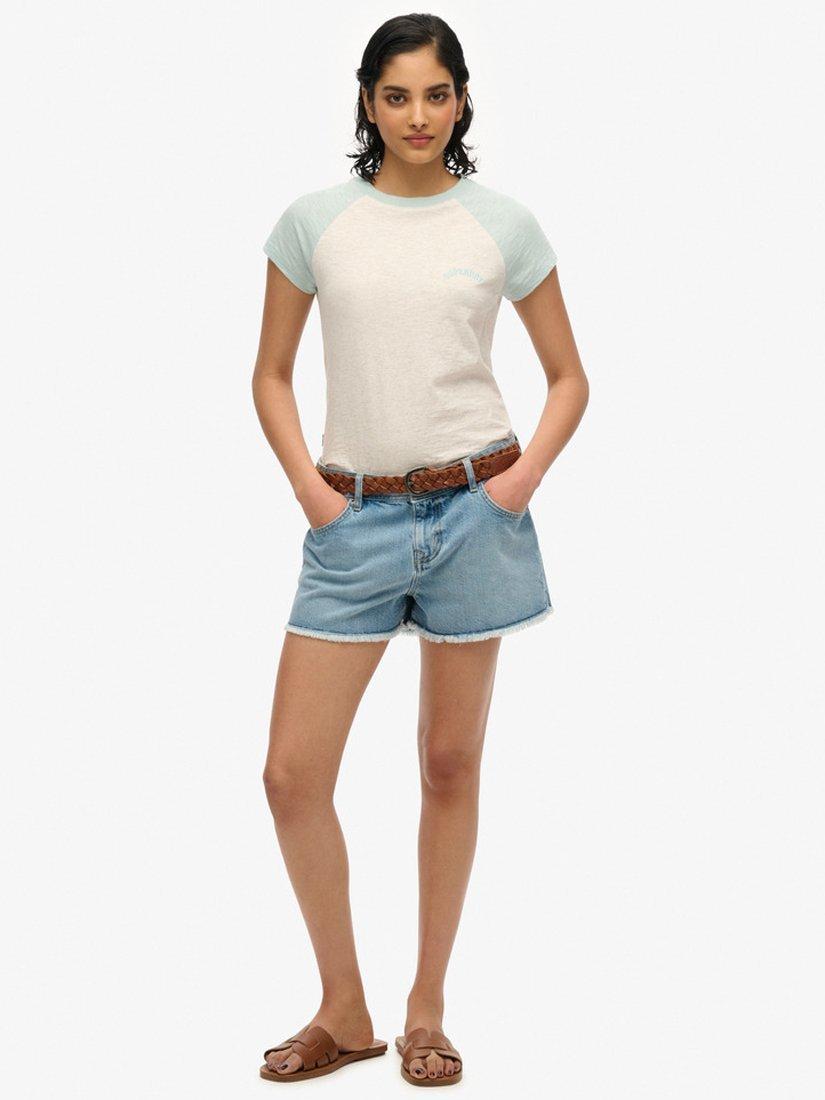 Product image 3 of 5, which shows Superdry Essential Logo Pure Organic Cotton Raglan Sleeve T-Shirt, White Marl/Sky Blue, 8