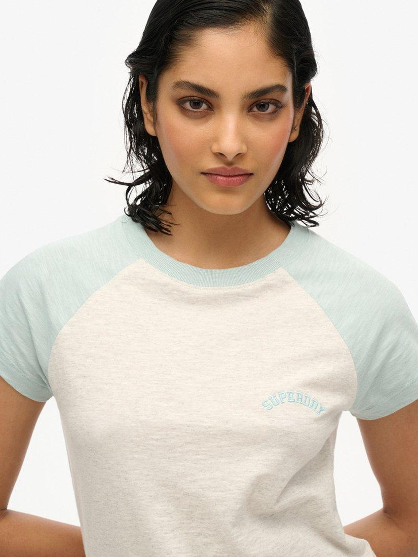 Product image 4 of 5, which shows Superdry Essential Logo Pure Organic Cotton Raglan Sleeve T-Shirt, White Marl/Sky Blue, 8